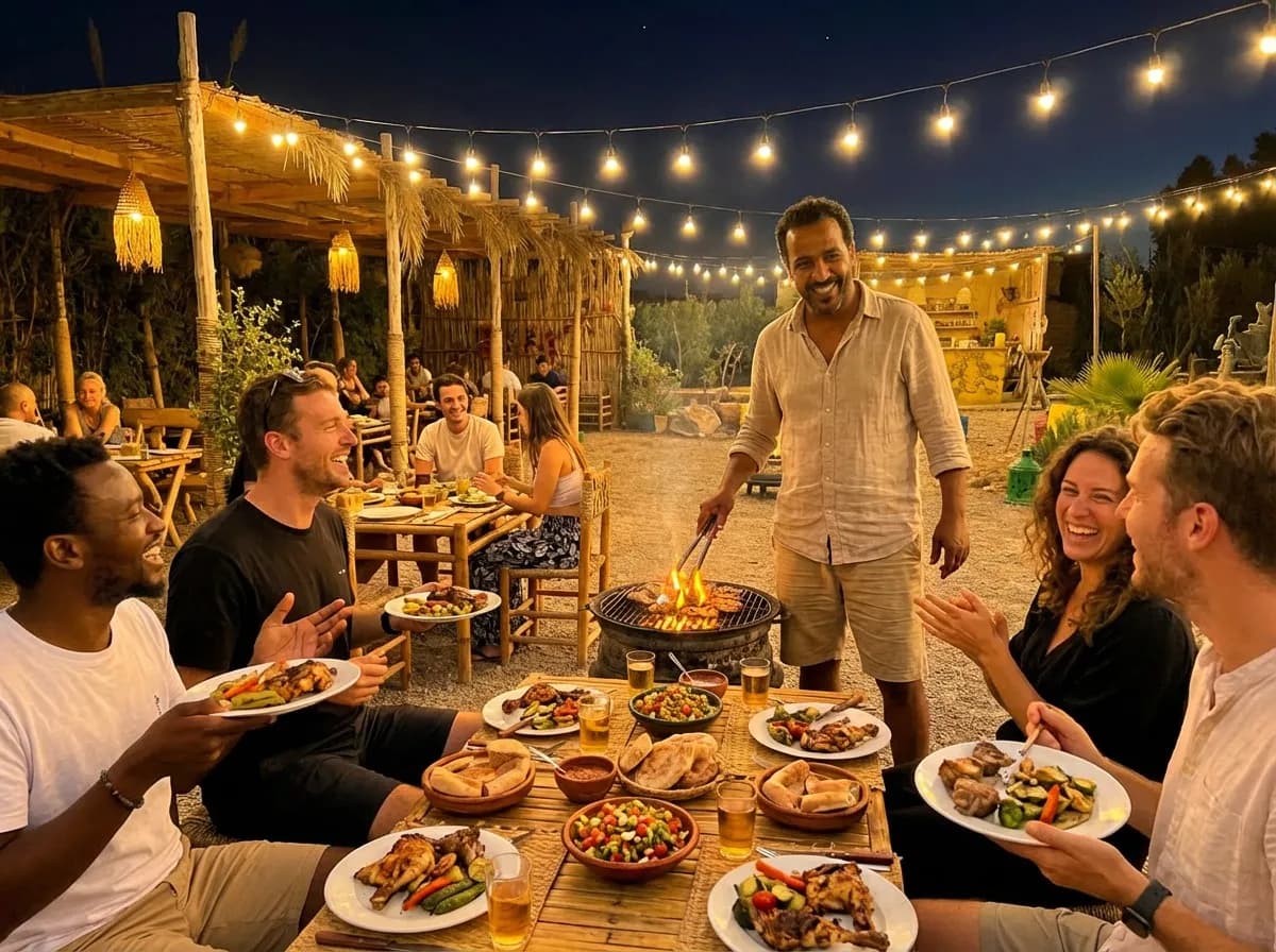 Warm sunset BBQ dinner setup in the Tamri desert.