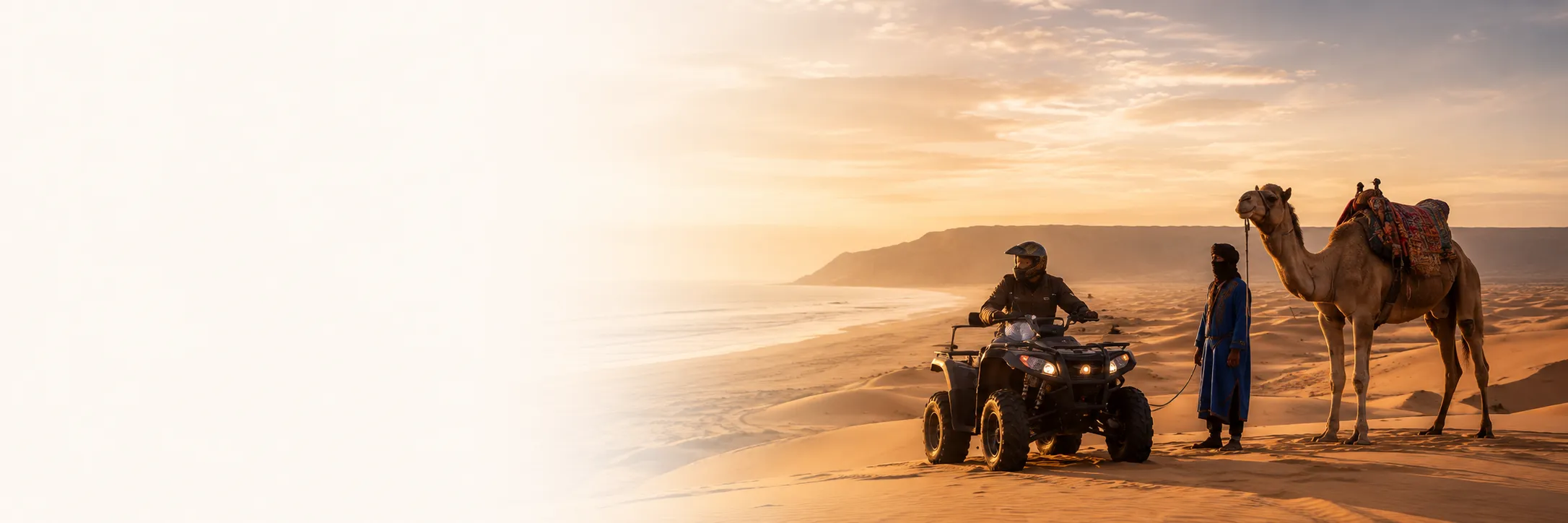 Sandboarding in Agadir and quad biking across the Tamri desert during golden hour.